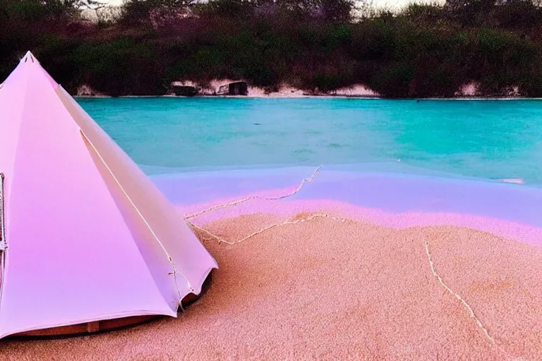 Image similar to a vintage family holiday photo of an empty beach from an alien dreamstate world with chalky pink iridescent!! sand, reflective lavender ocean water and a pale igloo shaped plastic transparent bell tent opposite a fire pit with an iridescence blue flame. refraction, volumetric, light.