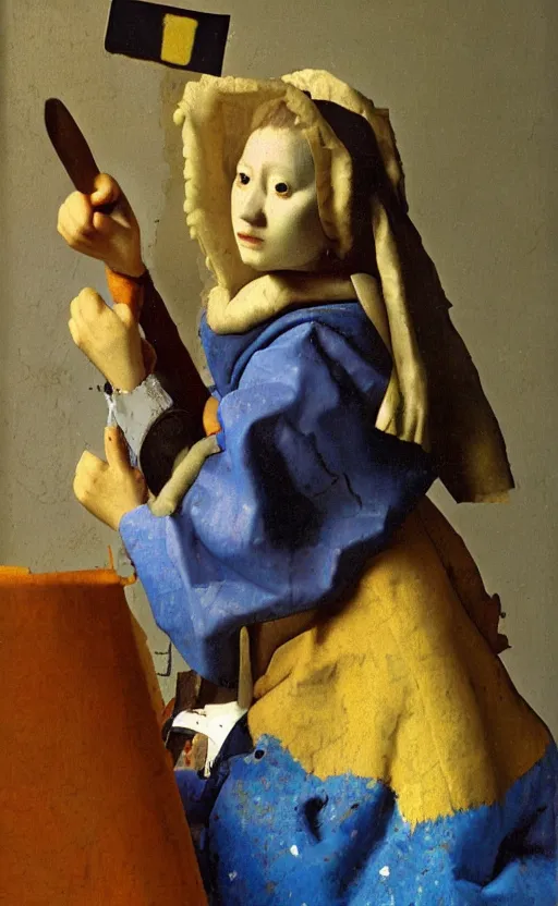 Prompt: a collaboration between Johannes Vermeer and Karel Appel featuring an anime magical girl with a claymore sword