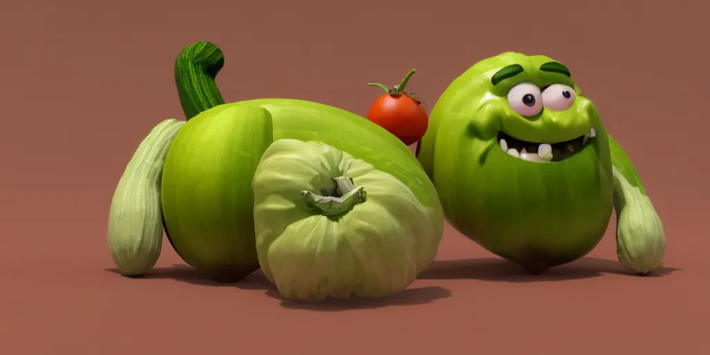 Image similar to detailed 3 d render of a furious zucchini character with bulging muscles attacking a timid tomato, high speed action, martial arts, explosions, blood, dramatic scene, hyper realistic octane render, cinematic lighting, deviantart, pop - surrealism, lowbrow, frame from pixar movie