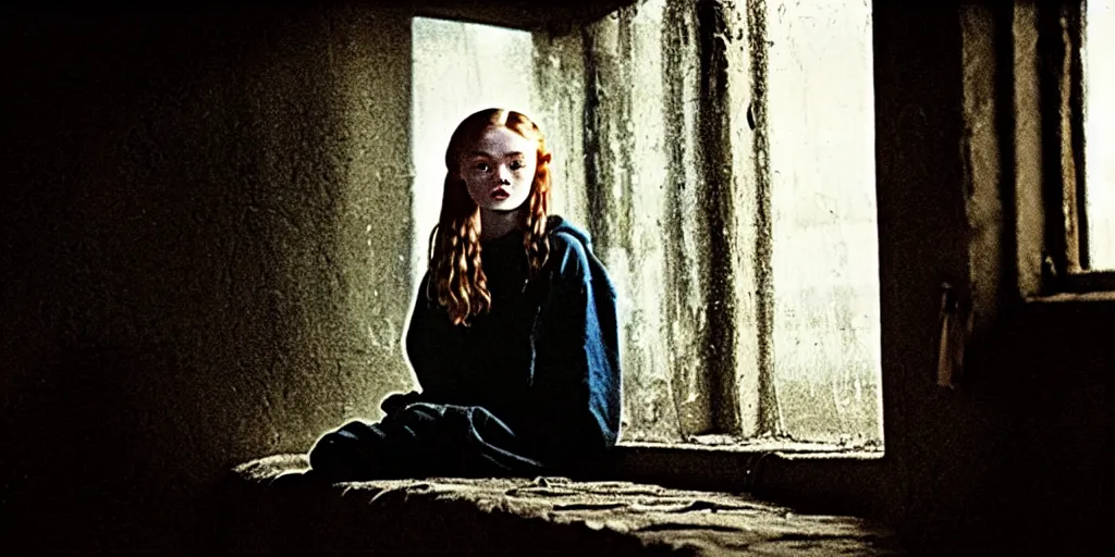 Image similar to at night, sadie sink in hoodie sits on windowsill, knees tucked in | rain falls, old brick wall with ussr propaganda posters : 3 5 mm film, anamorphic, single long shot from schindler's list by steven spielberg. cyberpunk, cinematic atmosphere, detailed and intricate, perfect anatomy