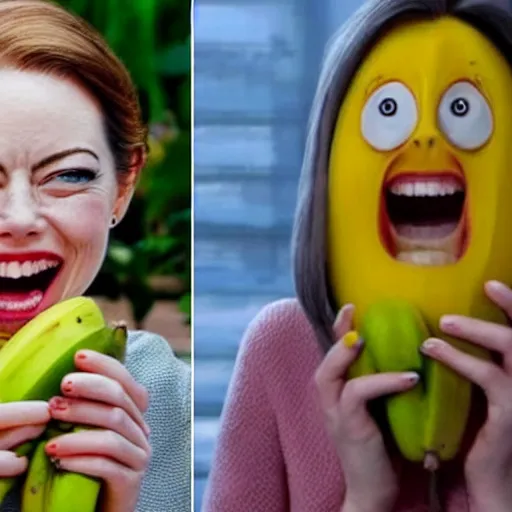 Image similar to a banana fruit that has the accurate facial expressions of emma stone on it, dark humor, dalle 2 generation