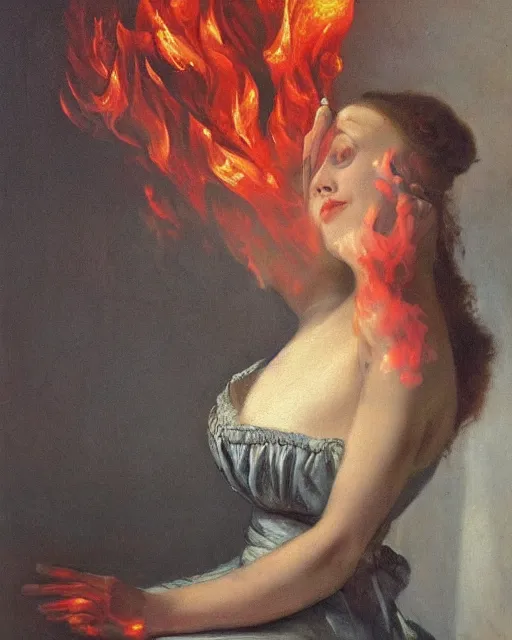 Prompt: by 1 9 th century famous painter, hands, nail polish, flames realism, realistic, oil painting, red wallpaper background