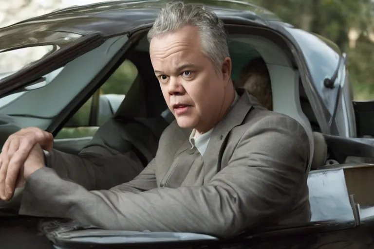 Image similar to tim robbins from the netflix show i think you should leave driving a coffin, movie still, 8 k, from the newest fast and furious movie