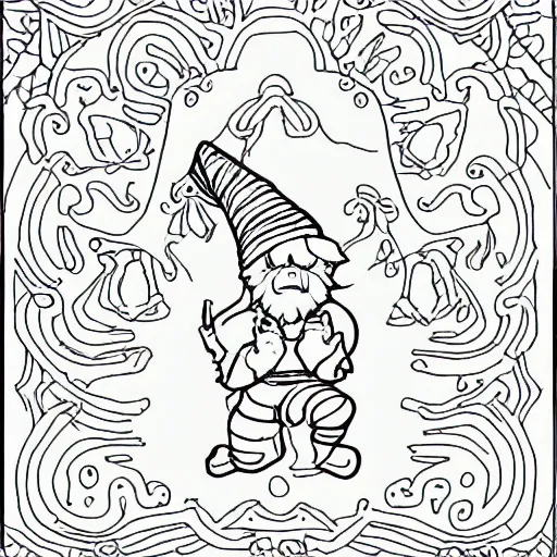 Prompt: gnome yoga poses coloring book page, high detail