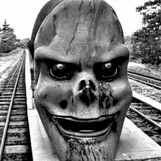 Image similar to the disembodied spirit of a dangerous railroad demon, Boxcar on the railroad, Cinematic, 35mm, film still from horror movie