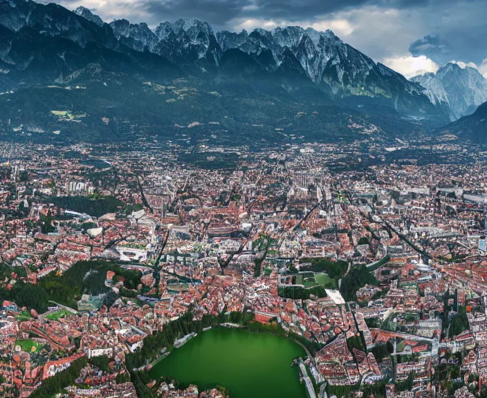 Image similar to 4 k hd, high detail panoramic photograph of innsbruck, shot with sigma f / 4. 2, 2 5 0 mm sharp lens, wide shot, volumetric lighting, high level texture render, unreal engine