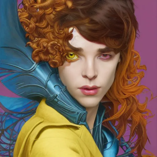Prompt: a beautiful and androgynous half - elf with messy short red hair and dark skin tone and feline features and yellow eyes with slit pupils, wearing a colorful men's suit, dnd character, realistic digital painting by kehinde wiley and ross tran and gerald brom and fernando amorsolo and alphonse mucha, trending on artstation