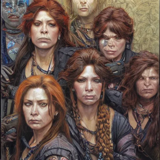 Image similar to frontal portrait of an all - female outlaw gang, by donato giancola.