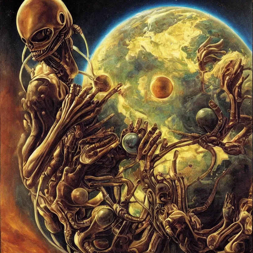 Image similar to alien atlas carrying a glowing earth. pulp sci - fi art for omni magazine. baroque period, oil on canvas. renaissance masterpiece.