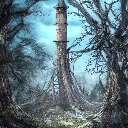 Prompt: an archaic tower looming over a grove of ancient trees, in the style of ayami kojima, realistic digital painting, medieval fantasy, very detailed