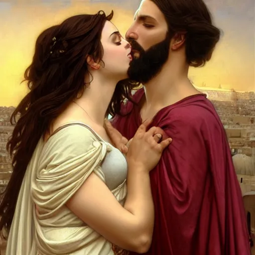 Image similar to jesus kissing a sensual woman in jerusalem, elegant, highly detailed, digital painting, artstation, concept art, matte, sharp focus, highly detailed, 4 k, hdr, smooth, sharp focus, high resolution, award - winning photo, photorealistic, art by artgerm and greg rutkowski and alphonse mucha, large shot