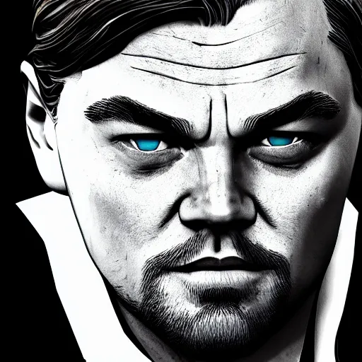 Image similar to leonardo dicaprio portrait, borderlands, tales from the borderlands, the wolf among us, comic, cinematic lighting, studio quality, 8 k