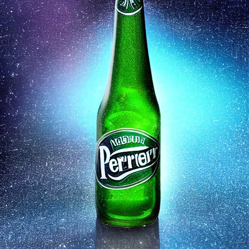 Prompt: a photo of a bottle of Perrier in space with nebula, photorealistic, transparence, reflections, refraction, caustics, raytracing, 8K, trending on artstationHQ