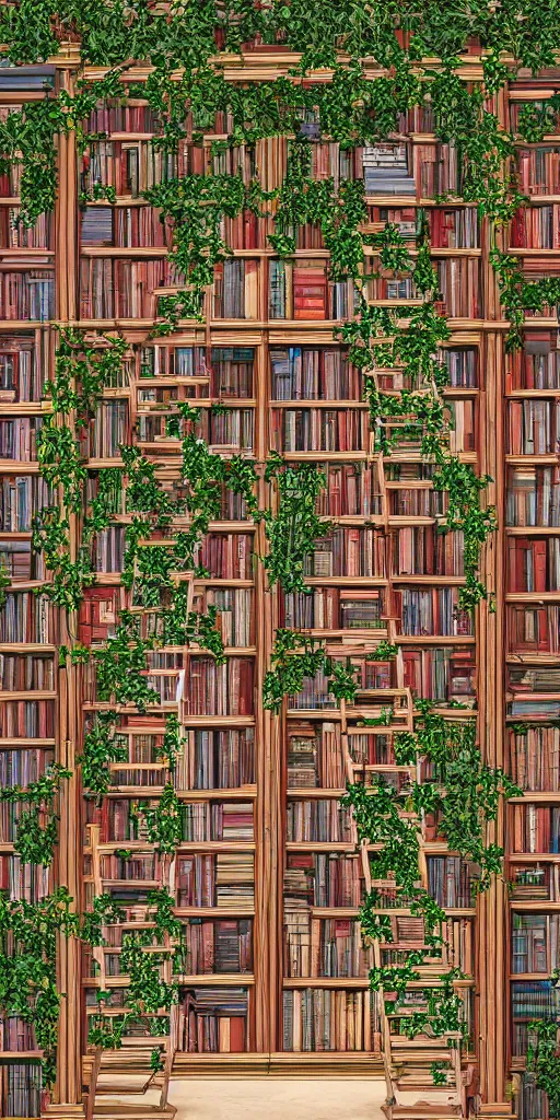 Prompt: bookshelves of the ultimate grand library, overgrown ivy plants, ladders, ultradetailed digital art