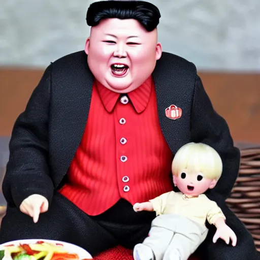 Image similar to screaming kim jong un doll having a picnic with jimin doll