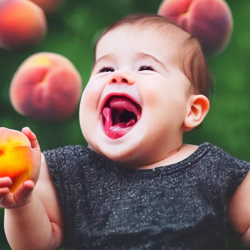 Image similar to photo of an insane baby laughing and eating a peach, bokeh focus