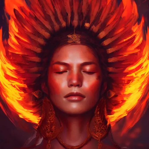 Prompt: a beautiful portrait of a fire goddess with closed eyes by Greg Rutkowski and Raymond Swanland, Trending on Artstation, Flaming Background, ultra realistic digital art