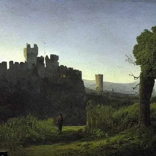 Prompt: a sad solitary old man looks on as in the evening sunlight as in the distance a castle is demolished by caspar david friedrich