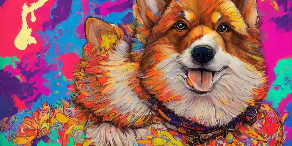 Prompt: beautiful painting of psychedelic fluffy corgi king ruling, by Tristan Eaton, James Gurney, greg rutkowski. trending on Artstation, 8k, masterpiece, graffiti paint, fine detail, full of color, intricate detail, golden ratio illustration