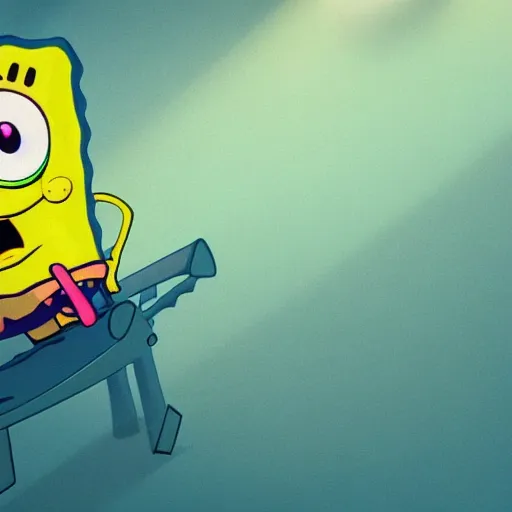 spongebob with a sad!!! expression slouching on a