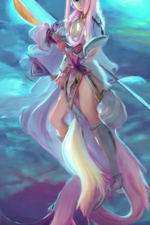 Prompt: a fox warrior princess holding a sword, candy pastel, backlighting, trending on artstation, digital art, by kawacy, furry art