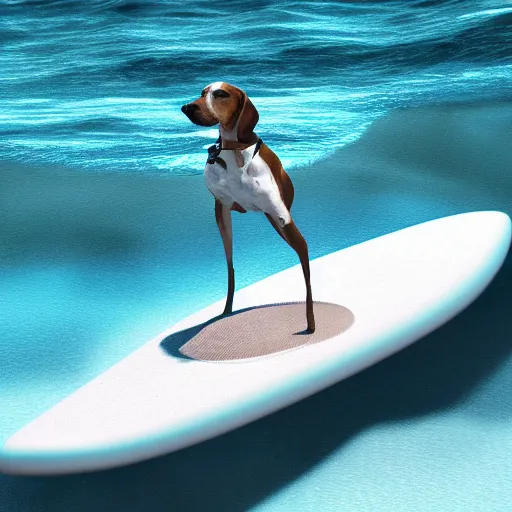 Image similar to beagle on a surfboard, surfing blue waves of an very clear water ocean off hawaii, digital art, octane render, imax, trending on artstation, dark mood