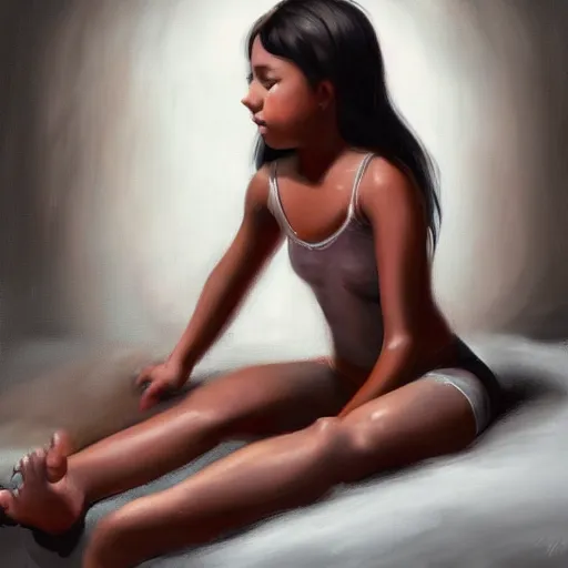 Image similar to A oiled painting of a young girl in a black top bending her legs on the bed and looking into the camera by NEMO Art, Artstation.