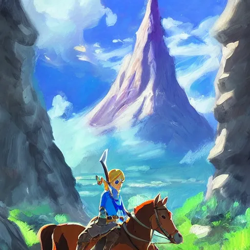 Prompt: oil painting of zelda breath of the wild, mountain in the background. beautiful, rpg, dnd, artgerm, disney, pixar