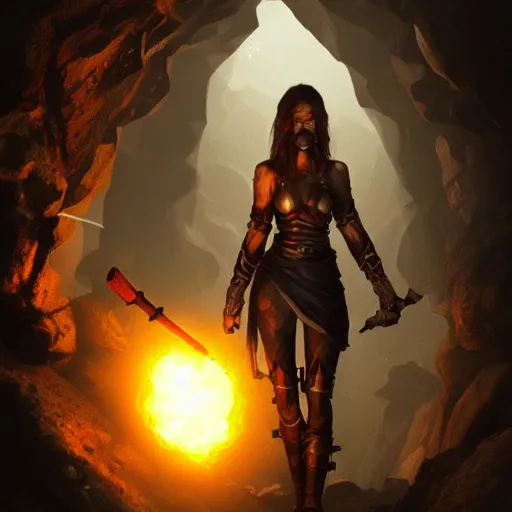 Image similar to a epic hero adventurer holding a torch in a dark cave, artgerm, realistic, cryengine, symmetric