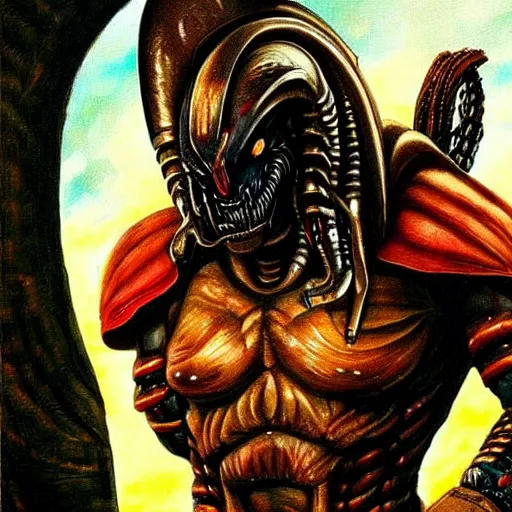 Prompt: a beautiful portrait painting of predator movie alien wearing a samurai. high renaissance.