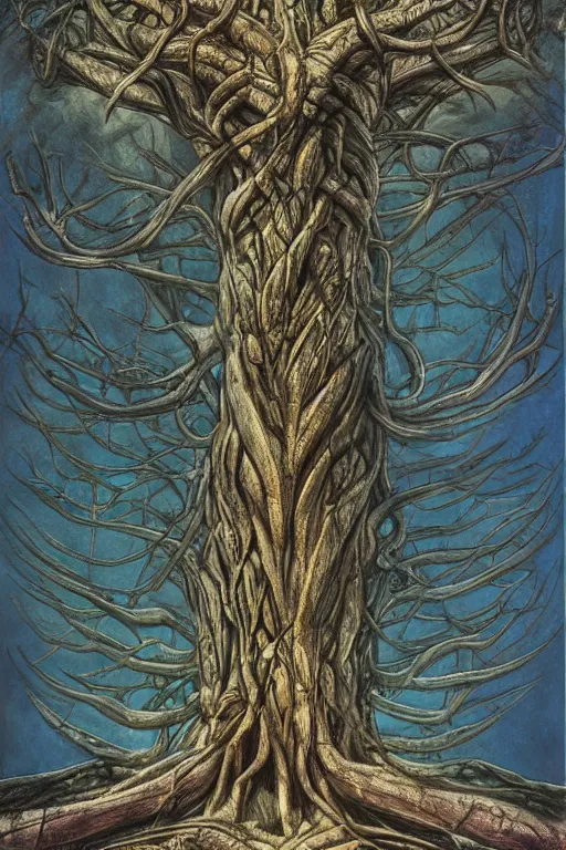 Prompt: Yggdrasil the tree of life by H R Giger and Tove Janssen, trending on artstation