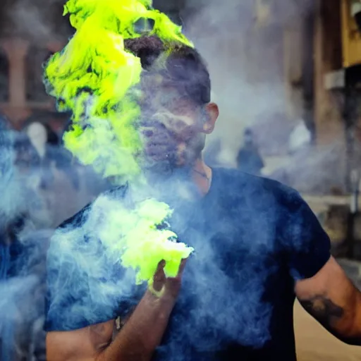 Image similar to astral man blowing yellow smoke, intoxicating a group of people