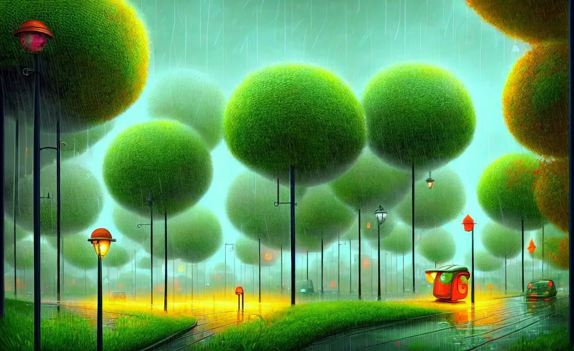 Image similar to Beautiful city of the future, overgrown with trees and plants. Raining at night with light pole illuminate the patch, Nice colour scheme, warm colour. Beautiful artistic digital artwork by artist Lurid. (2022), Gediminas Pranckevicius