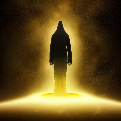 Image similar to award - winning. trending on artstation. 4 k. eerie tone. a figure wearing a layered yellow coat standing in front of a fractal representation of a glowing black hole in space. dark background. full - body. medieval. 4 k.