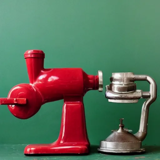 Prompt: vintage meat grinder filled with ketchup on a green table