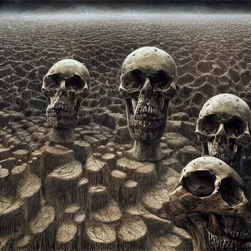 Prompt: a hyperrealistic painting of a psychedelic landscape, structures made of human skulls, by anton semenov and santiago caruso, highly detailed, vivid color,