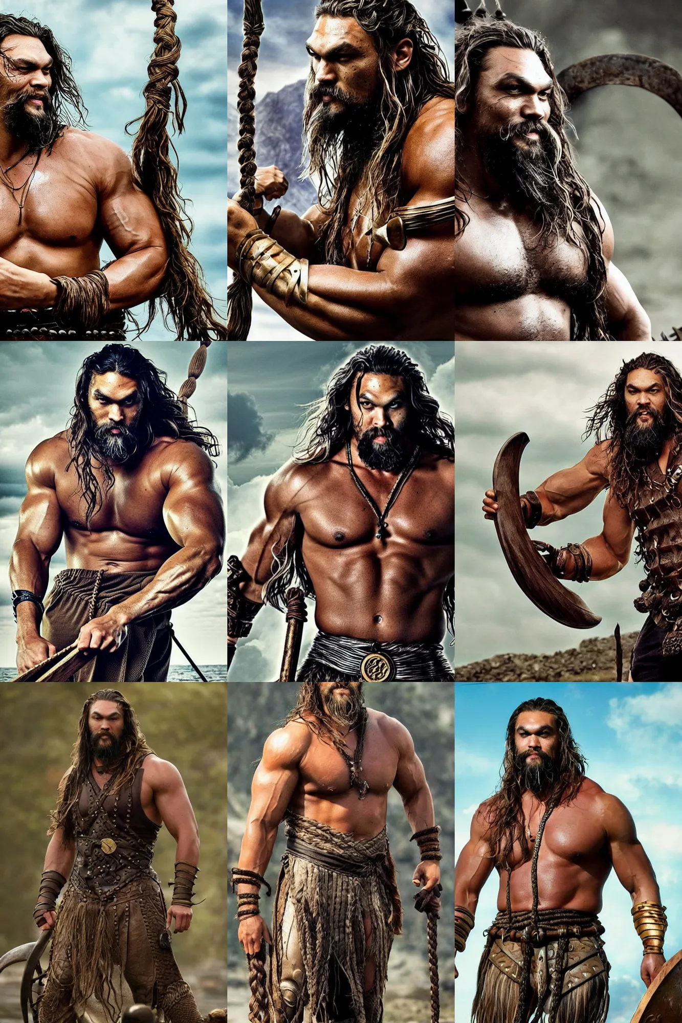 Prompt: Jason Momoa. Terry Crews, long braided viking beard, bronze armor, very strong. Action movie poster.