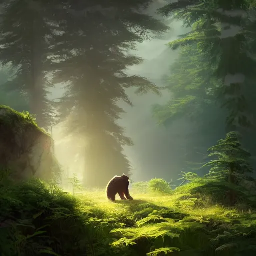 Image similar to a realistic bear, beautiful, proportionate, atmosphere, vibe, forest, lot of trees, fern, flowers, concept art illustration, color page, tone mapping, akihiko yoshida, james jean, andrei riabovitchev, marc simonetti, digital illustration, greg rutowski, volumetric lighting, sunbeams, particles