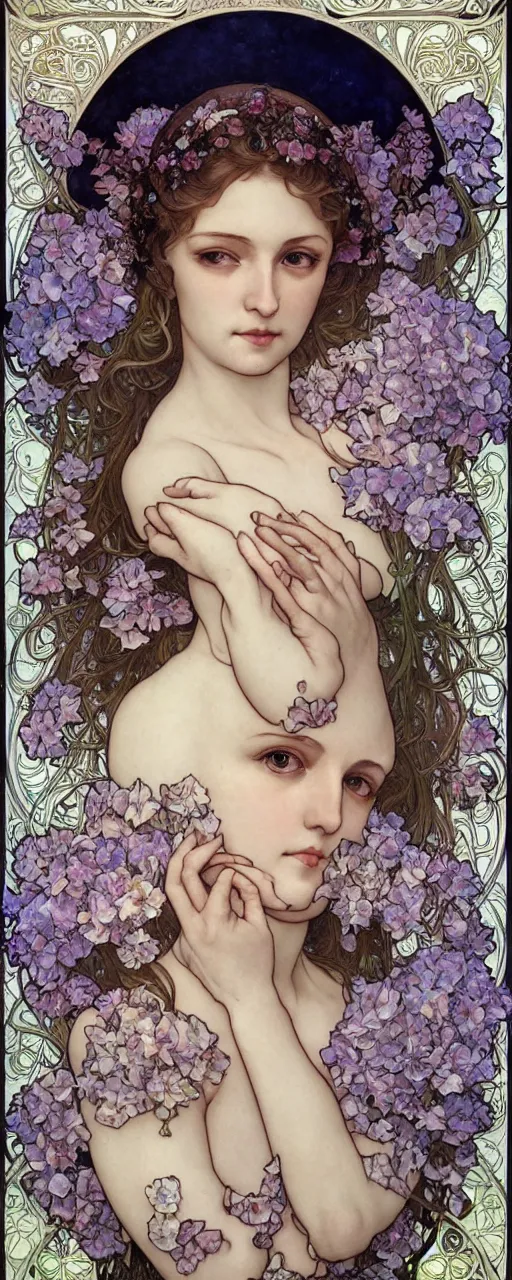 Prompt: Queen of Art Nouveau Hydrangea Flowers, a realistic detailed face portrait of Madonna by Alphonse Mucha, Ayami Kojima, Amano, Charlie Bowater, Karol Bak, Greg Hildebrandt, Jean Delville, and Mark Brooks, Art Nouveau, Neo-Gothic, gothic, rich deep moody colors, full frame