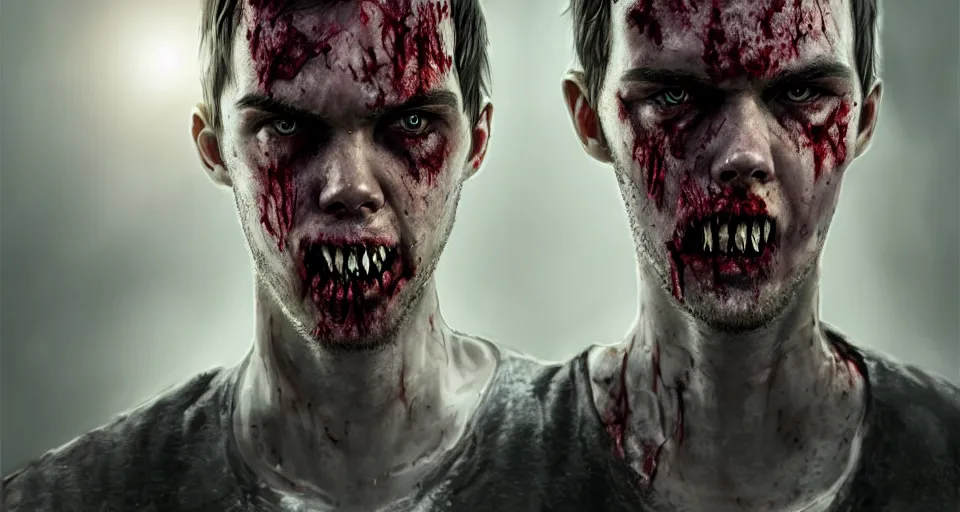 Image similar to angry urban zombie portrait of nicholas hoult, grimdark horror, stylized digital illustration, radiating a glowing aura, global illumination, ray tracing, hdr, fanart arstation by ian pesty and katarzyna bek - chmiel