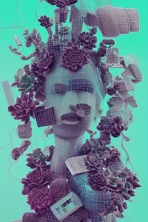 Prompt: epic 3 d abstract 🇵🇷 headset hacker, spinning hands and feet, 2 0 mm, plum and teal peanut butter melting smoothly into asymmetrical succulents and cassette tapes, vertical schematic, beautiful, intricate, houdini sidefx, trending on artstation, by jeremy mann, ilya kuvshinov, jamie hewlett and ayami kojima