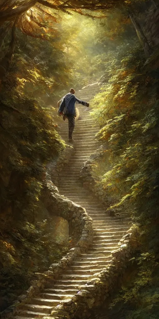 Image similar to a man walking up a steep and impossible staircase, in beautiful woods, intricate, elegant, highly detailed, oil painting, artstation, concept art, sharp focus, beautiful illustration, cgsociety, by justin gerard and artgerm, 4 k