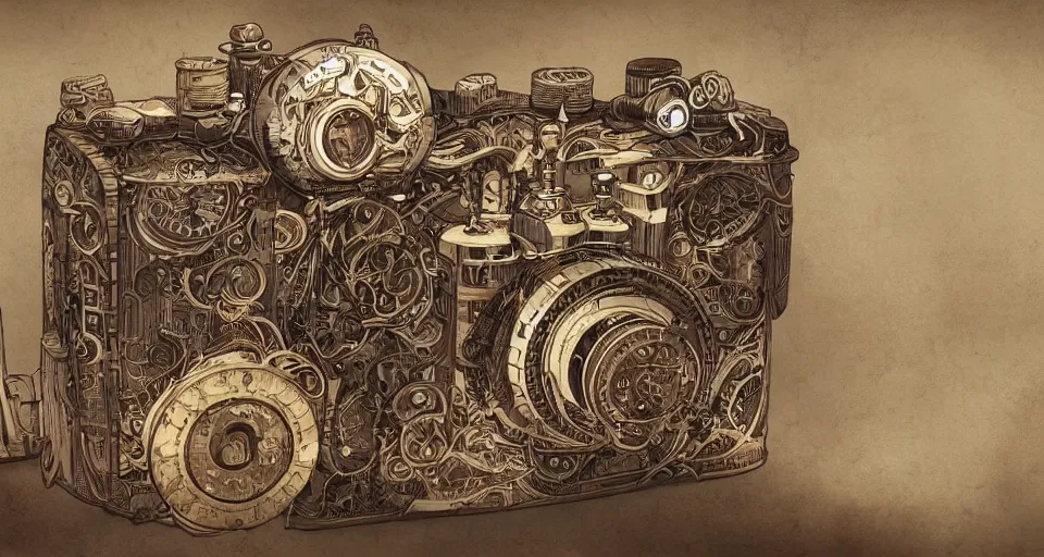 Image similar to A beautiful artwork illustration, extremely detailed and advanced steampunk-themed camera , featured on artstation, wide angle, horizontal orientation