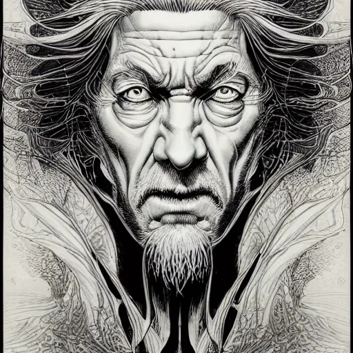 Image similar to portrait of crazy gandalf, symmetrical, by yoichi hatakenaka, masamune shirow, josan gonzales and dan mumford, ayami kojima, takato yamamoto, barclay shaw, karol bak, yukito kishiro