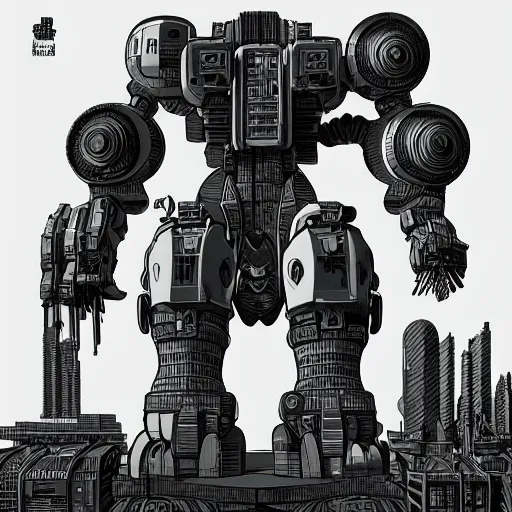 Prompt: Mcbess designed cyberpunk aesthetic TOOL album cover art of a giant mech warrior. 3D octane.