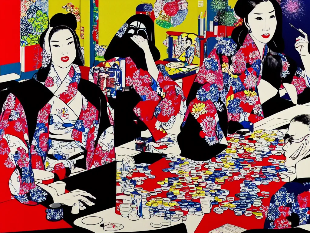 Prompt: hyperrealistic composition of the detailed woman in a japanese kimono sitting at a poker table with detailed darth vader, fireworks, mount fuji on the background, pop - art style, jacky tsai style, andy warhol style, roy lichtenstein style, acrylic on canvas