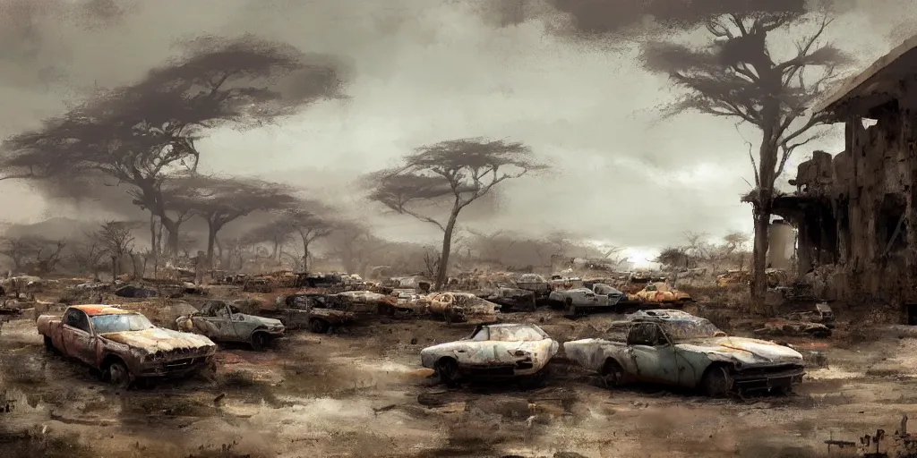 Image similar to graveyard of cars that looks like a ruin in an African landscape, lowlight, moody atmosphere, Craig Mullins style,