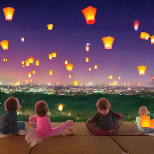 Image similar to a little girl watching hundreds of chinese sky lanterns flying in the night sky over a sci-fi city, Pixar style