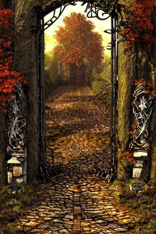 Image similar to beautiful digital painting high quality heavy iron gothic gate in the woods cobblestone ground by Richard Corben, ,artstation behance