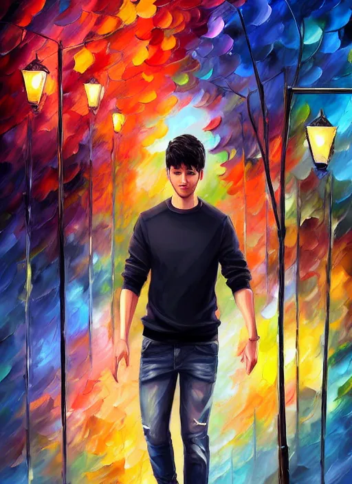 Image similar to handsome young man with short black hair, male, full detailed clothing, half body shot, arms down, path traced, highly detailed, high quality, digital painting, alena aenami, leonid afremov, lilia alvarado, shinji aramaki, karol bak